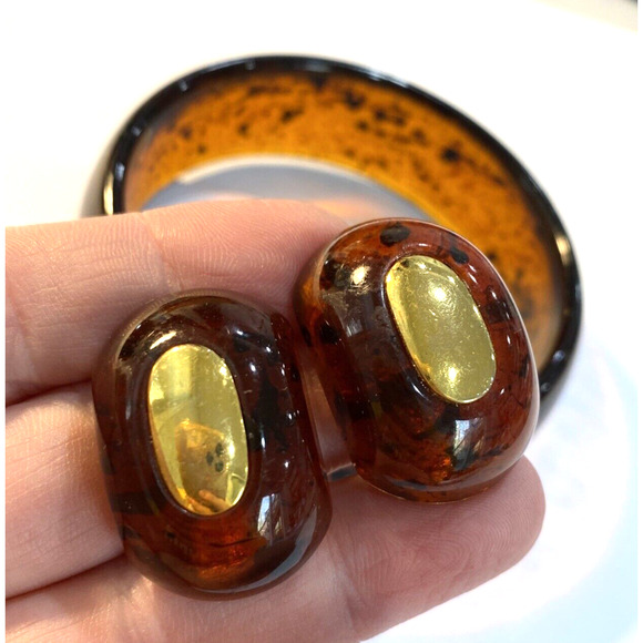 Tortoise Shell Lucite jewelry bangle bracelet clip on earrings signed W Germany - Picture 6 of 10